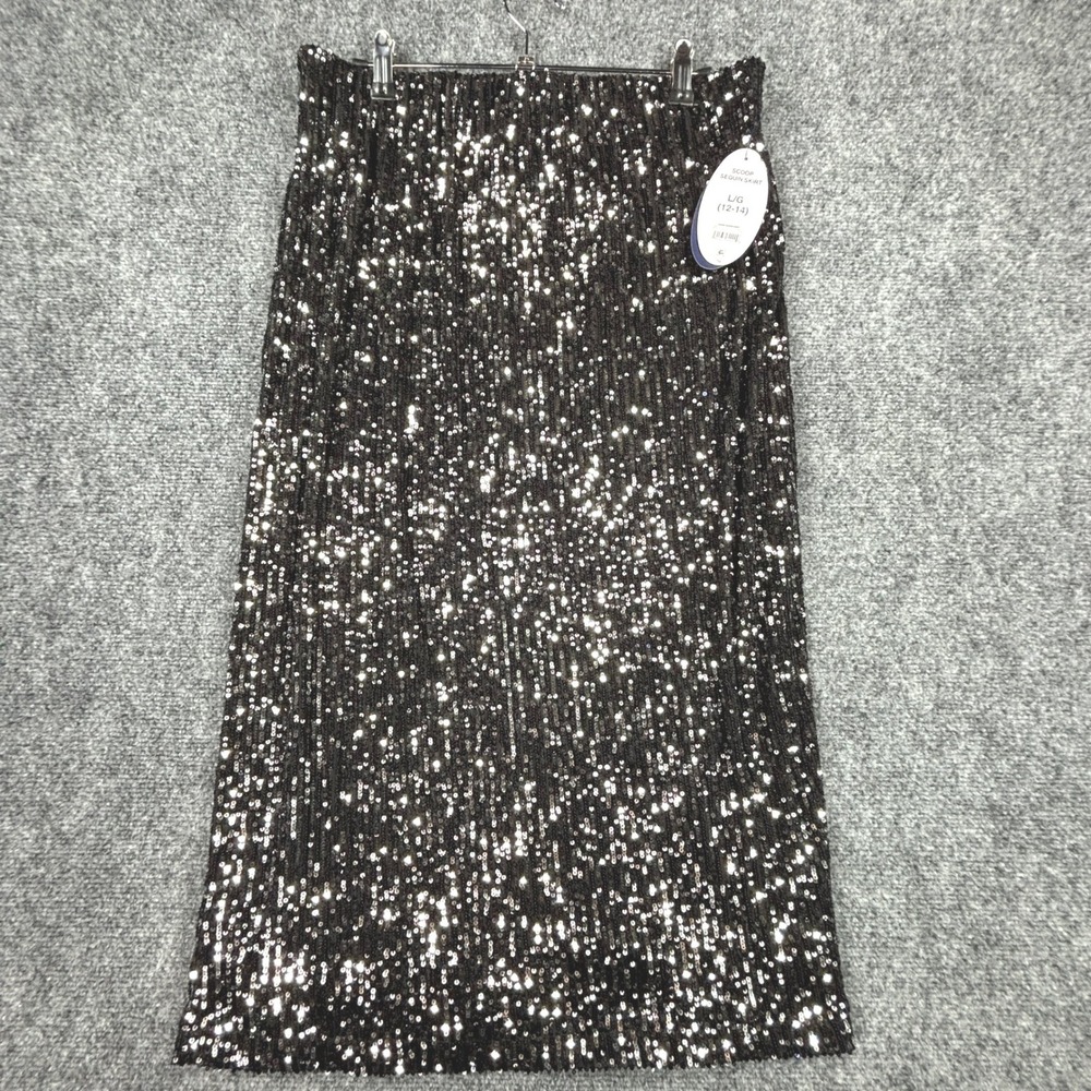 Scoop Womens Black Sequin Midi Skirt Elastic Waist Size L 12-14 New With Tags